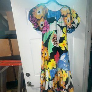 Vintage Womens Floral Dress Maxi Tiered Puff Short Sleeve Multicolor Medium